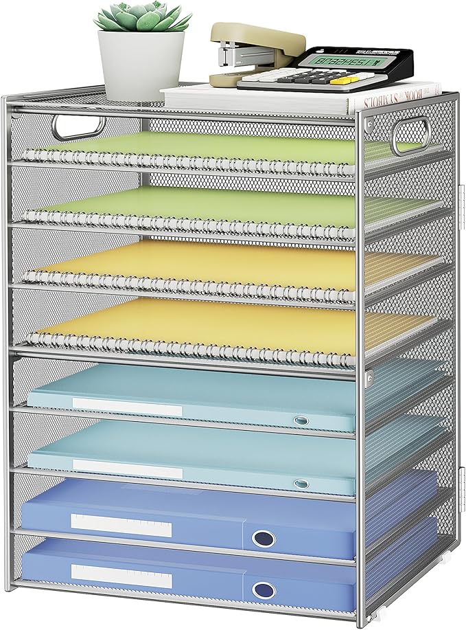 SUBEKYU 9 Tier Paper Organizer for Desk - Metal Mesh Letter Tray File Paper Sorter Organizer Include 6 Pcs Adjustable Height Slid Tray with Handles for Office School Home Organization Storage, Silver-DeskLoop Office