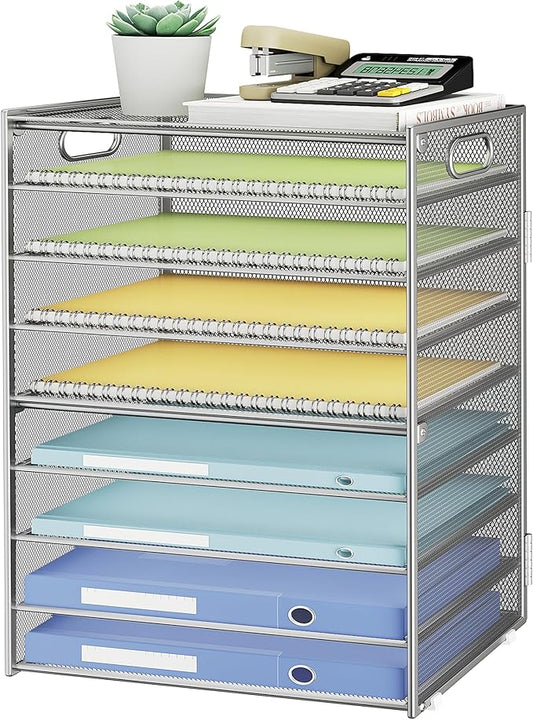 SUBEKYU 9 Tier Paper Organizer for Desk - Metal Mesh Letter Tray File Paper Sorter Organizer Include 6 Pcs Adjustable Height Slid Tray with Handles for Office School Home Organization Storage, Silver-DeskLoop Office