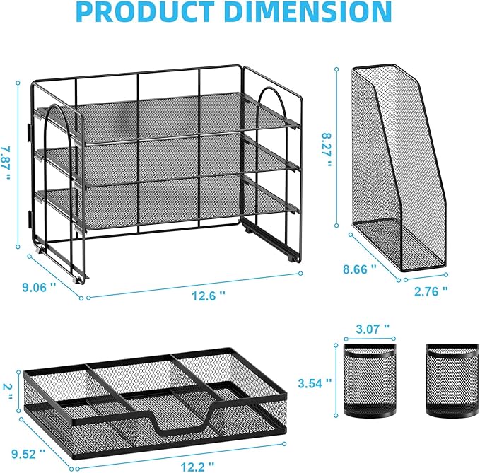 Marbrasse Desk Organizer and Accessories,4-Tier Paper Letter Tray Organizer with File Holder, Desk Accessories & Workspace Organizers with Drawer and 2 Pen Holder (Black, 15.4" x 9.1" x 8.3")