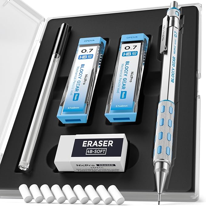 Nicpro Blocky Gear 0.7 mm Mechanical Pencils Set in Case, Metal Pencil with Lead Refills, Eraser for Professional & Adult Art Writing Drafting Drawing-DeskLoop Office