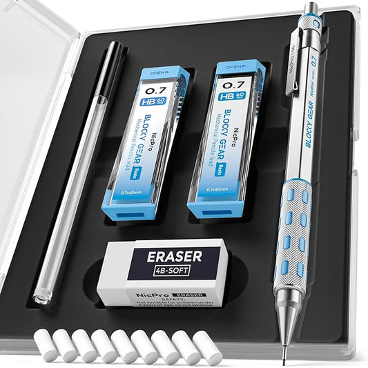 Nicpro Blocky Gear 0.7 mm Mechanical Pencils Set in Case, Metal Pencil with Lead Refills, Eraser for Professional & Adult Art Writing Drafting Drawing-DeskLoop Office