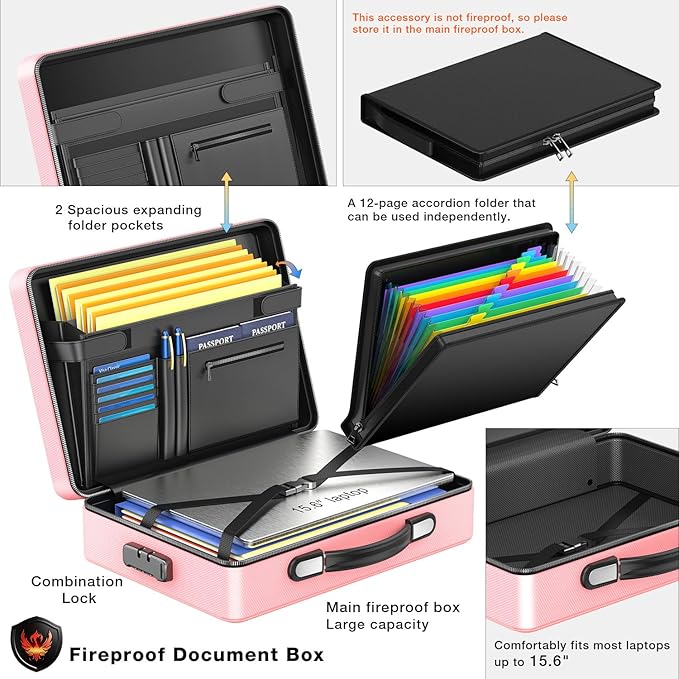 Fireproof Document Box with Fireproof Zipper, Hard Inner Shell Fireproof Document Bag with Lock, Fireproof Water Resistant Important Document Organizer 16 inch Laptop File Briefcase (Pink)-DeskLoop Office
