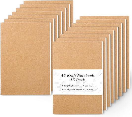 feela 15 Pack A5 Kraft Notebooks, 60 Lined Blank Pages Travel Journal Bulk, Soft Cover Notebooks for Women Girls Students, Making Plans Writing Memos Office School Supplies, 8.3 X 5.5 in-DeskLoop Office