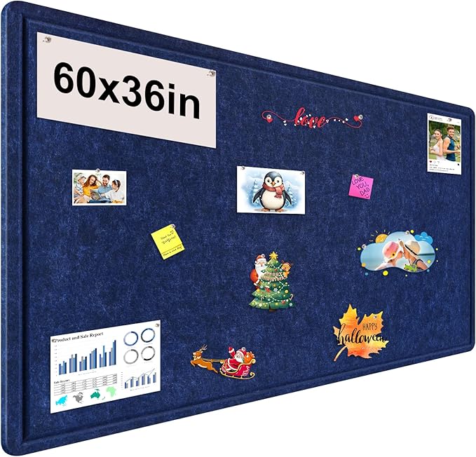 Large Bulletin Board, Foldable 60x36 Inches Cork Board Alternative, Large Felt Board Decorative Pin Board for Wall, Foldable Photo Board Self-Adhesive Vision Board with 36 Pushpins Dark Blue-DeskLoop Office