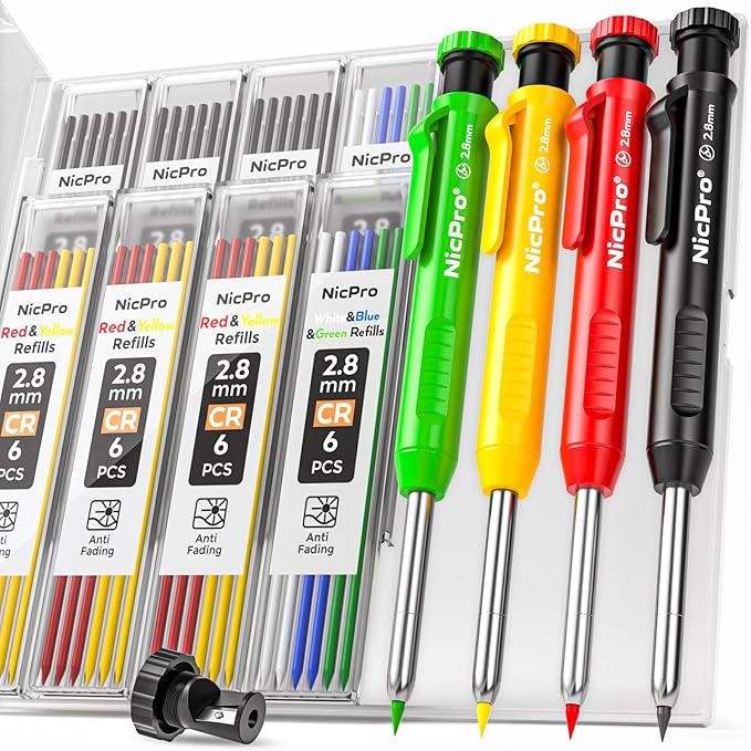 Nicpro 4 Pack Carpenter Pencil with Sharpener, Mechanical Carpenter Pencils with 52 Refills, Construction Pencil Heavy Duty Woodworking Pencils for Architect (Red, Black, Yellow, Blue)-DeskLoop Office