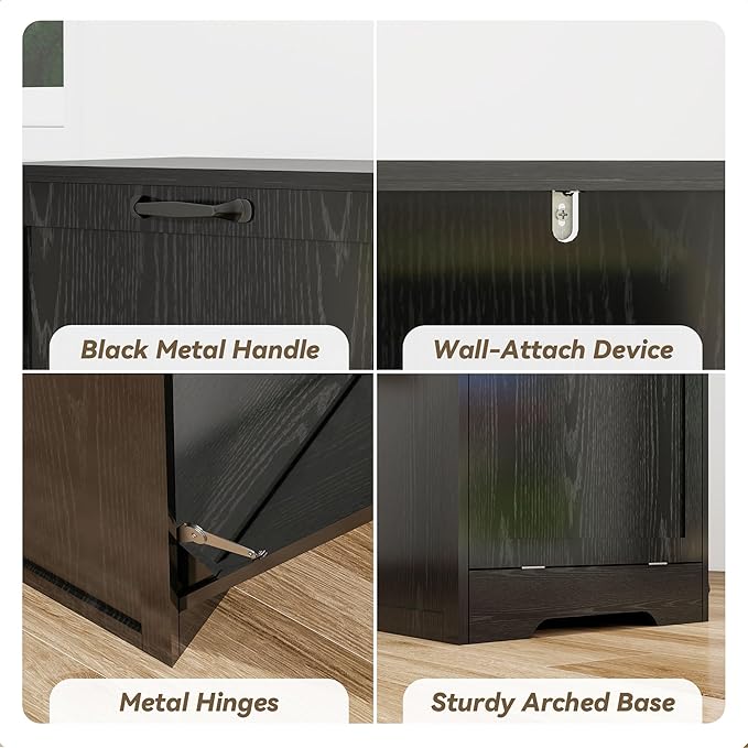 Tilt Out Kitchen Trash Can Cabinet, Pet Proof Wooden Kitchen Garbage Can with Lid, Hidden Laundry Basket Organizer, 10 Gallon Free Standing Bathroom Laundry Hamper Cabinet, Black-DeskLoop Office