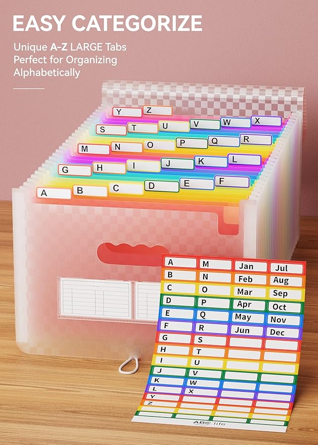 ABC life 26 Pockets Accordian File Folder Organizer Letter Size Expanding File Folder, A4 Portable Document Paper School Organizer, Expandable Multicolor Accordion Filing Folders with Labels(Pink)-DeskLoop Office
