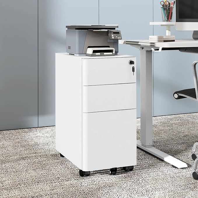 DWVO 3-Drawer Vertical File Cabinet, Mobile Filing Cabinet with Lockable, Pre-Assembled Compact Slim File Cabinet, Portable Office Storage for A4/Letter/Legal Documents (White)-DeskLoop Office