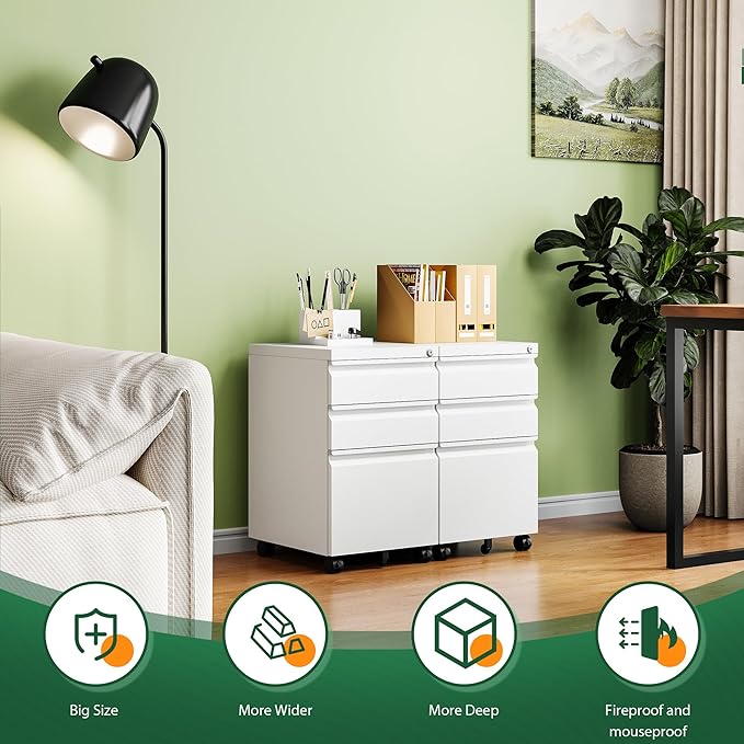 Letaya 3 Drawer Mobile File Cabinet with Lock, Under Desk Metal Filing Cabinets for Home Office Organizer Letters/Legal/A4(Fully Assembled-White)-DeskLoop Office