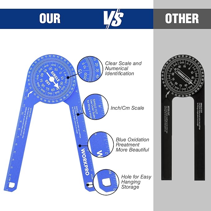 WORKPRO Aluminum Miter Saw Protractor, 7.3 Inch Angle Finder Featuring Precision Laser Engraved Scales for Inside and Outside Corner, Carpenters, Plumbers and All Building Trades, 360° Rotation, Blue-DeskLoop Office