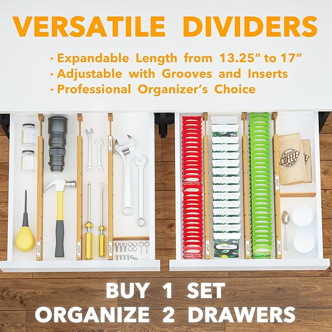 SpaceAid Bamboo Drawer Dividers with Inserts and Labels, Kitchen Adjustable Drawer Organizers, Expandable Organization for Home, Office, Dressers and Bathroom, 6 Dividers with 12 Inserts (13.25-17 in)-DeskLoop Office