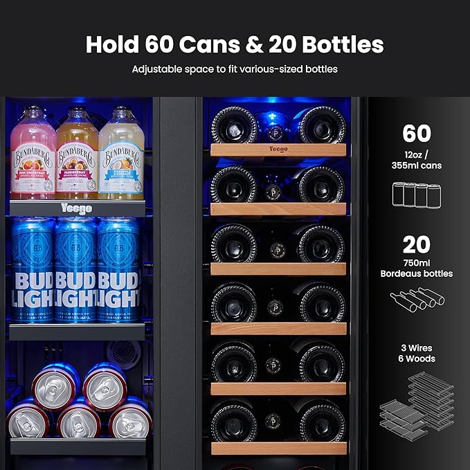 Yeego Wine & Beverage Refrigerator, 24 Inch 60 Cans and 20 Bottles Dual Zone Wine Cooler with Glass Door, 36-72°F Drink Cooler for Built-in or Freestanding, For Kitchen,Bar or Office-DeskLoop Office