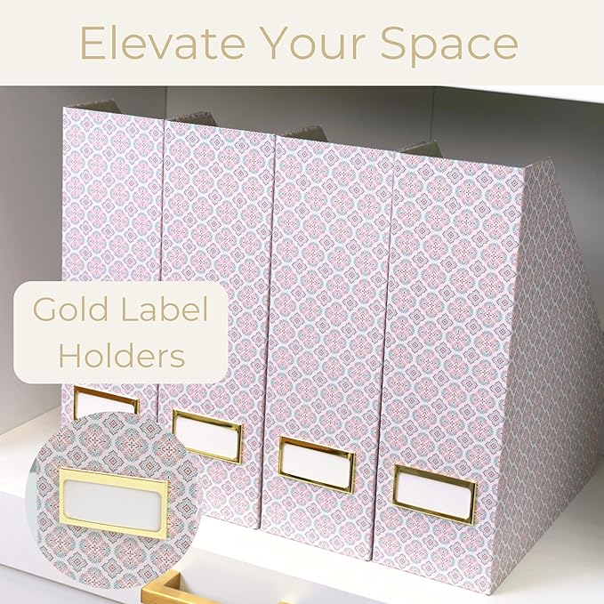 BLU MONACO Foldable Magazine File Holder Set of 4 with Moroccan Tile Design – Decorative Cardboard Magazine Organizer for Home, Office & Dorm Room – Stylish Magazine Storage Solution-DeskLoop Office