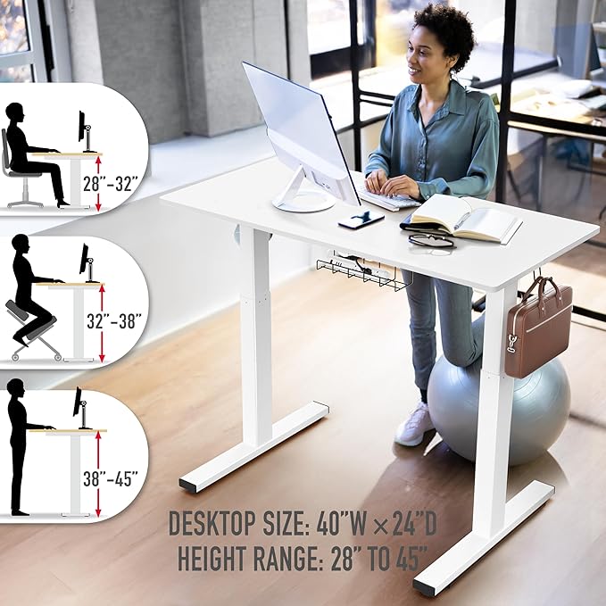 SHW 40-Inch Electric Height Adjustable Standing Desk with Drawer, Memory Preset and Cable Management Tray, White-DeskLoop Office