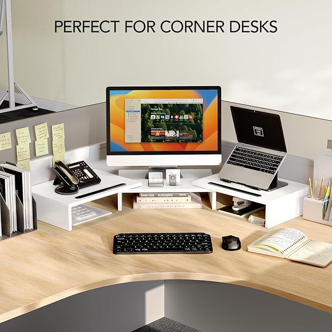 AMERIERGO Dual Monitor Stand Riser- 3 Shelf Screen Stand with Adjustable Length and Angle, 2 Extra Functional Slot Desktop Organizer Stand for PC, Computer, Laptop (White)-DeskLoop Office