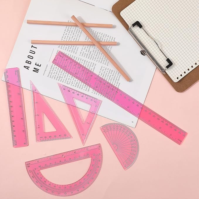 Tenare 1 Set Plastic Clear Math Set Includes Protractor Triangle Rulers 12 Inch 6 Inch Straight Geometry Math Transparent Ruler Measuring Tool for School Office Home Supplies(Pink)-DeskLoop Office