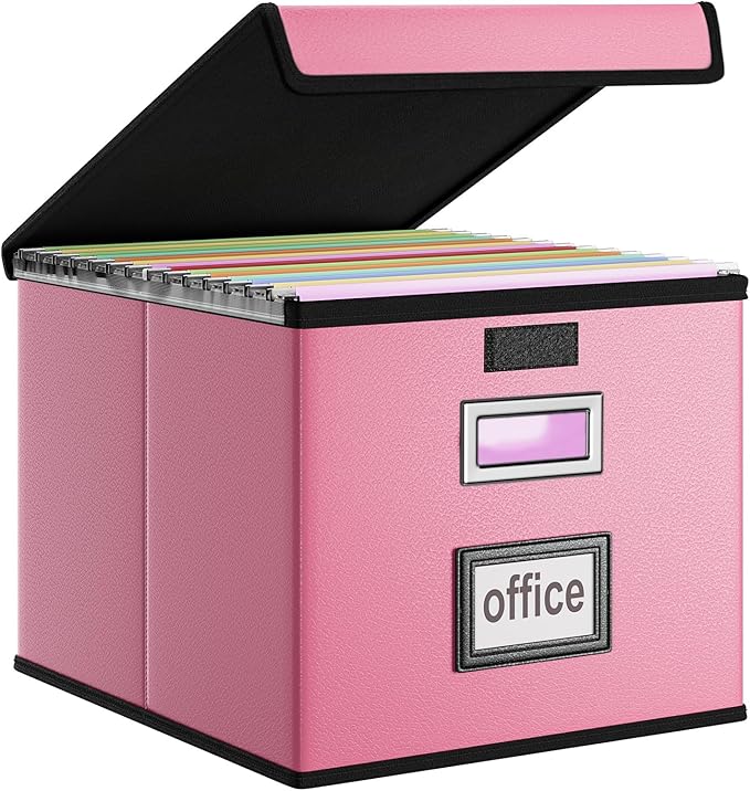 Huolewa File Organizer Box with Lid, Collapsible Leather File Folder Organizer for Office Document Storage, Filing Box with Plastic Slide for Letter/Legal Size Hanging Files, Pink-DeskLoop Office