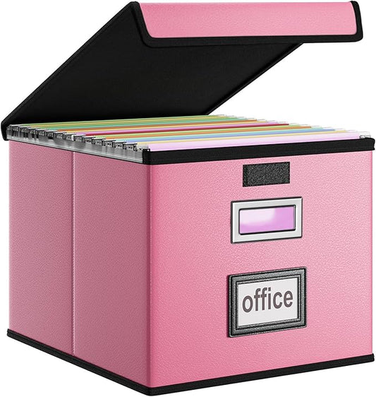 Huolewa File Organizer Box with Lid, Collapsible Leather File Folder Organizer for Office Document Storage, Filing Box with Plastic Slide for Letter/Legal Size Hanging Files, Pink-DeskLoop Office
