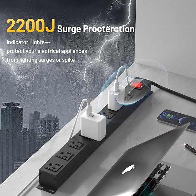 KF 8 Outlet Heavy Duty Power Strip Surge Protector, 2100J Surge Protection Black Power Strip, 15A/1875W Mountable Power Strips, 14AWG 6FT Extension Cord, Black(8FT-2100J)-DeskLoop Office