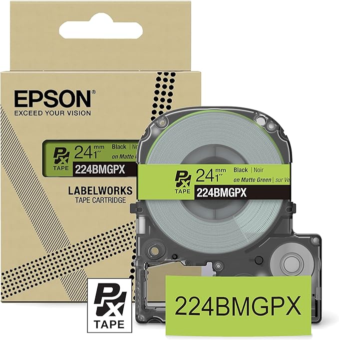 Epson LABELWORKS 224BMGPX Genuine PET (Polyester) Tape Cartridge - Black on Matte Green Designer Craft Label Maker Tape - 1" (24MM) Wide, 26'-DeskLoop Office