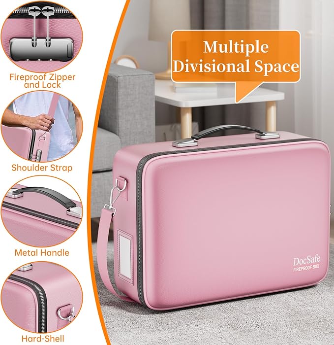 DocSafe Fireproof Document Box with Lock&Shoulder Strap,Hard Case File Organizer with Accordion File Folder,Multi-Layer Portable Home Office Travel Safe Storage for Important Documents Laptop Pink-DeskLoop Office