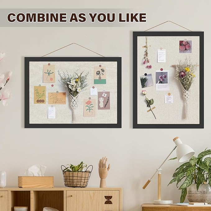 Cork Board Bulletin Board 16.7" x 11", Small Linen Corkboards with Frame for Walls, Cute Picture Display Pin Board Vision Board for Room School Office Bedroom 8 Pushpins Vintage Black-DeskLoop Office