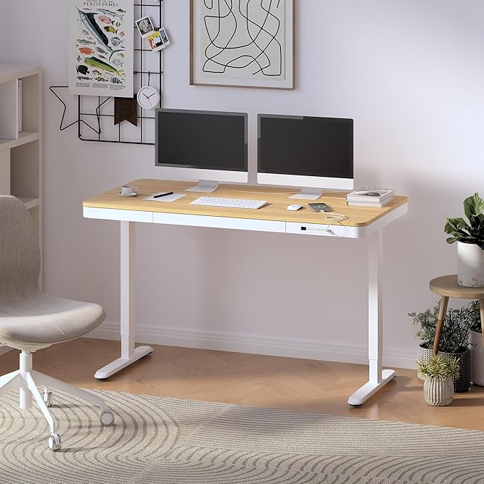 FLEXISPOT 55" Electric Standing Desk with Drawers, Quick Assembly Home Office Sit Stand Desk with Storage, USB Charging, Computer Desk for Home Office (Maple Top + White Adjustable Frame, Comhar)-DeskLoop Office