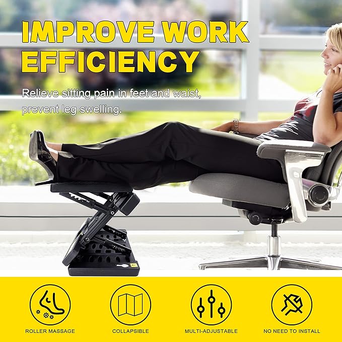 Footrest for Under Desk, Height Adjustable Footrest with Massage Roller and Thick Cushion, Foldable Ergonomic Foot Rest for Car, Office, Home, Train-DeskLoop Office