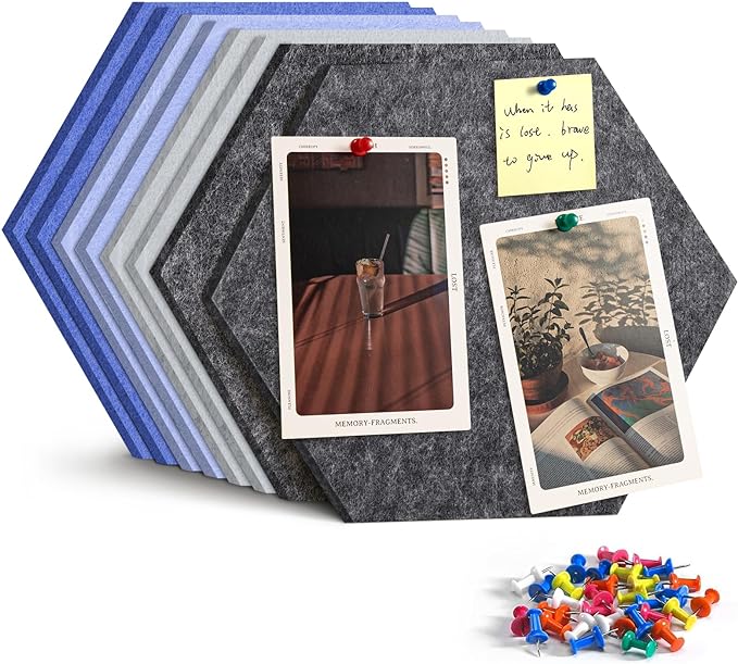 12" Large Bulletin Board with 30 Push Pins, Pack of 8 Hexagon Felt Pin Board Notice Boards for Home Office Kitchen, Felt Wall Tiles for Photos Memos