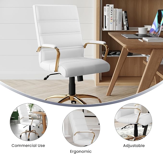 Flash Furniture Whitney Mid-Back Swivel LeatherSoft Desk Chair with Padded Seat and Armrests, Adjustable Height Padded Office Chair, White/Gold-DeskLoop Office