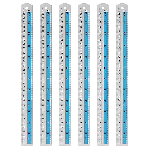 HARFINGTON 6pcs Metal Straight Ruler 30cm Metric SAE Aluminum Alloy Measuring Rulers Scale Tools with Hole for Measure Study Reading Classroom Office, Blue-DeskLoop Office