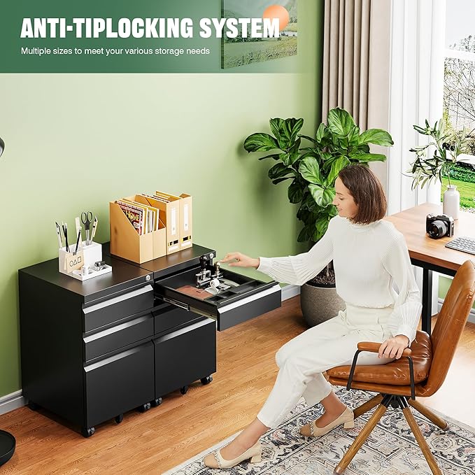 Letaya 3 Drawer Mobile File Cabinet with Lock,Under Desk Metal Filing Cabinets for Home Office Organizer Letters/Legal/A4((Fully Assembled-Black)-DeskLoop Office