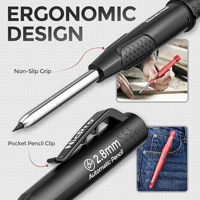 Nicpro CP3000 Carpenter Pencil with Sharpener, 2 Pack Mechanical Pencils Set with 38 Refills, Deep Hole Marker for Construction, Heavy Duty Carpenter Tools for Architect Marking (Black, Red)-DeskLoop Office