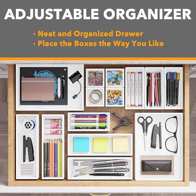 SpaceAid 14-Piece Bamboo Drawer Organizer Storage Boxes Set, Wood Tray Junk Drawer Organizers Multi-Use Divider Bins for Kitchen, Bathroom, Office Desk and Makeup Organization (14 Pack, White)-DeskLoop Office