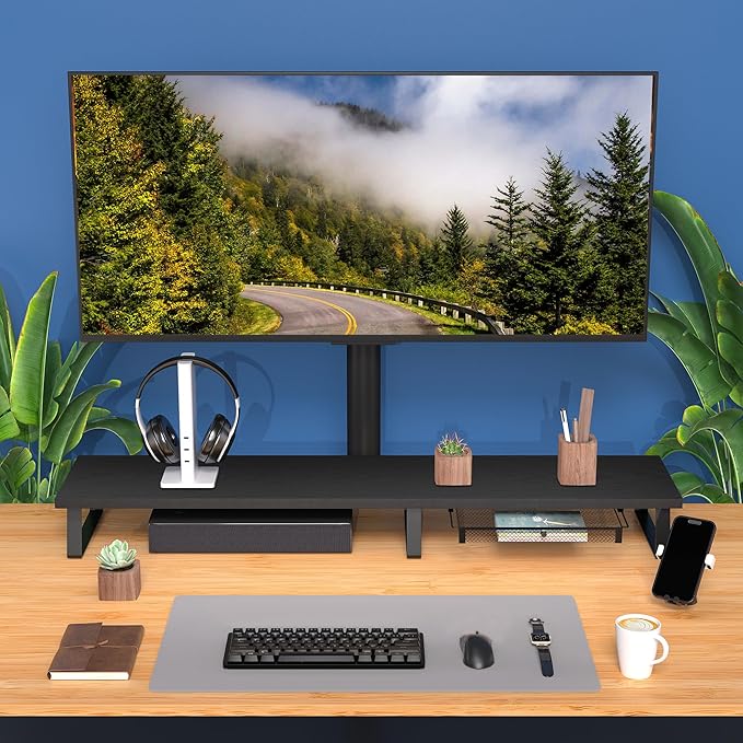 Aothia Large Dual Monitor Stand Riser - Monitor Stand For 2 Monitors, Monitor Stand With Drawer,Desk Shelf For Monitor, Wood Monitor Riser Stand with Storage Organize For Pc,Tv,Laptop,Screen (Black)-DeskLoop Office