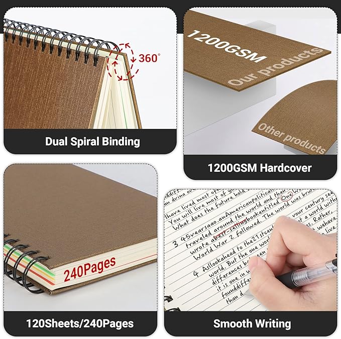 EUSOAR 5 Subject Spiral Notebook, 1pcs B5 7.3"x10.2" College Ruled Writing Pad, 100GSM 120Sheets/ 240Pages of Lined Paper, Thick Hardcover, for Traveling Students, Office and Business, Kraft