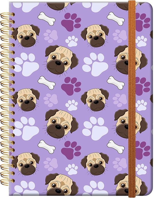 Ruled Spiral Writing Notebook,A5 Hardcover Lined College Journal for Women Lady,Fashion Puppy Watercolor Strong Twin-Wire Binding with Premium Paper,8.4" X 6",Perfect for School,Office,Home Gifts(Pug Bones Paws)-DeskLoop Office