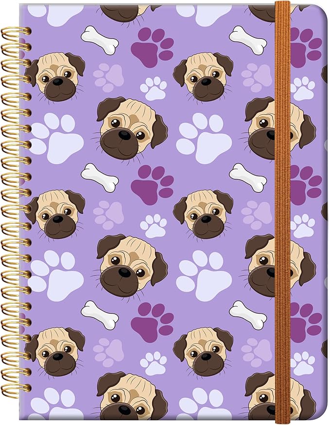 Ruled Spiral Writing Notebook,A5 Hardcover Lined College Journal for Women Lady,Fashion Puppy Watercolor Strong Twin-Wire Binding with Premium Paper,8.4" X 6",Perfect for School,Office,Home Gifts(Pug Bones Paws)-DeskLoop Office