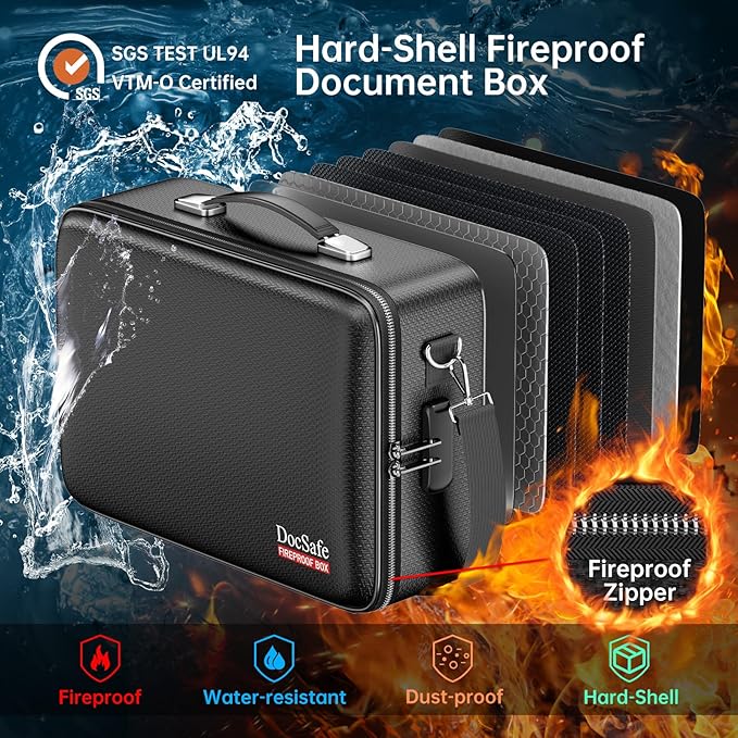DocSafe Fireproof Document Box with Lock&Shoulder Strap, Hard-Shell Case File Organizer with Accordion File Folder, Multi-Layer Portable Home Office Travel Safe Storage for Important Documents Laptop-DeskLoop Office