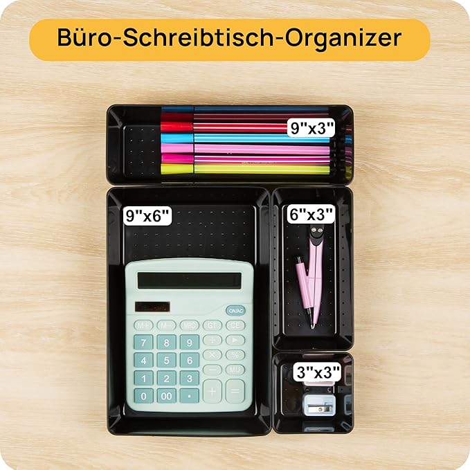 Vtopmart 25 PCS Office Desk Drawer Organizers Set, 4-Size Versatile Plastic Drawer Organizer Trays, Storage Bins for Desk Accessories Office Organizers and Storage, Bathroom, Makeup, Vanity, Black-DeskLoop Office