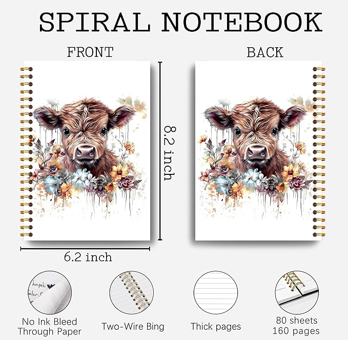 Highland Cow Notebook Journal - Highland Cow Gifts, Floral Spiral Journal Notebook 5.5×8.3, Cow Gifts for Cow Lovers, Cow Gifts for Women, 164 Pages-DeskLoop Office