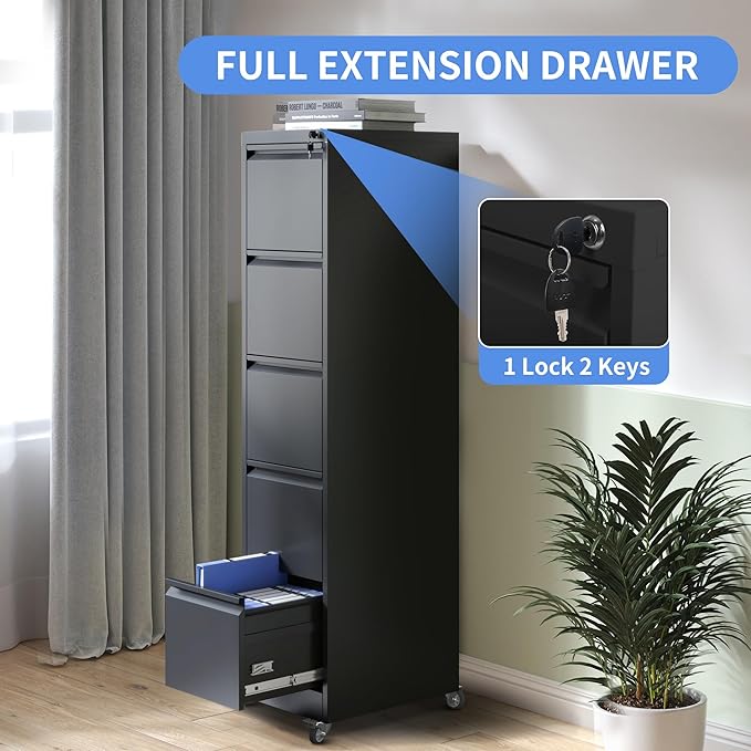 5 Drawer Mobile File Cabinet, Filing Cabinet Home Office for Letter, Legal Size, Black-DeskLoop Office