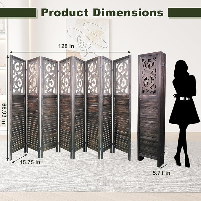 NicBex 8 Panel Room Divider,5.6FT Wood Carved Room Dividers,Folding Privacy Screens Portable Freestanding Partition Wall Dividers for Room Separation,Home Bedroom Office,Rustic Brown-DeskLoop Office