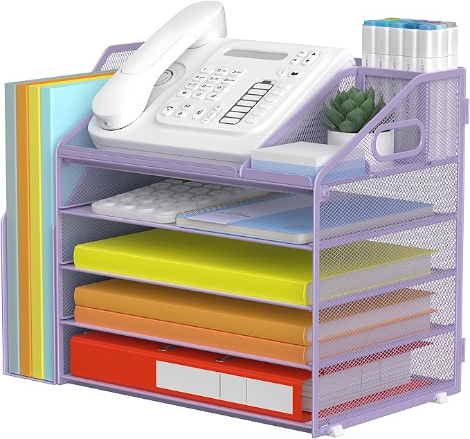 DocNest 5 Tier Paper Letter Tray File Organizer, Mesh Desk File with Handle, Workspace Desk Organizers with Pen Holder, Office Organization Storage Accessories - Purple-DeskLoop Office