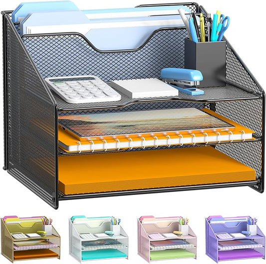 Samstar Desk File Organizer, Mesh Letter File Folder Holder with 3 Paper Trays and 2 Vertical Upright Section, for Office Supplies,Desk Accessories & Workspace,Black.-DeskLoop Office