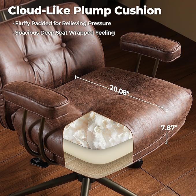 ovios Home Office Chair, Mid-Century Modern Faux PU Leather Chairs with Lumbar Support Comfy Thick Cushion, High Back Ergonomic Swivel Rolling Executive Armchair (Dark Brown, Suede Leather)