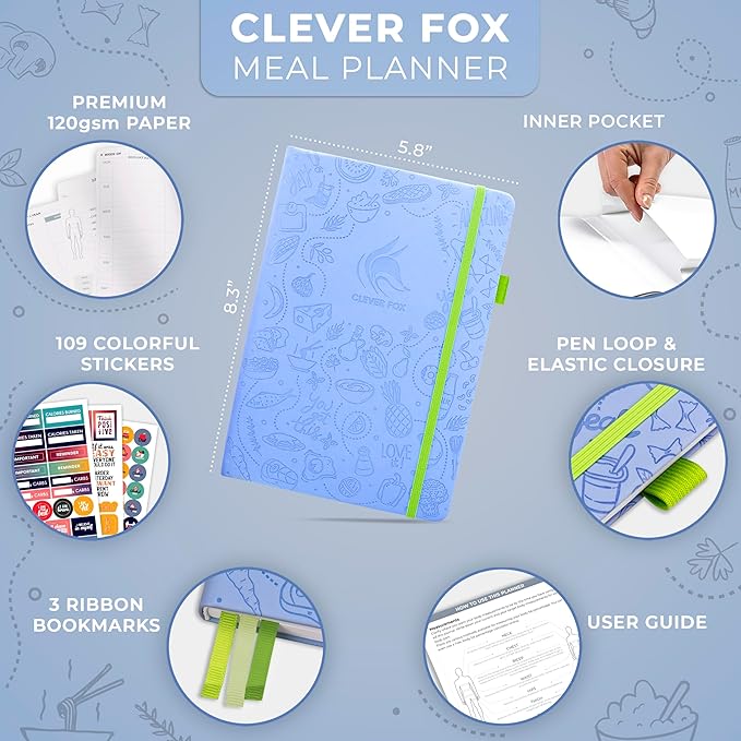 Clever Fox Weekly Meal Planner - Weekly & Daily Meal Prep Journal with Shopping and Grocery Lists for Menu Planning, Healthy Diet & Weight Loss Tracking, Lasts 1 Year, Undated, A5 - Light Blue-DeskLoop Office
