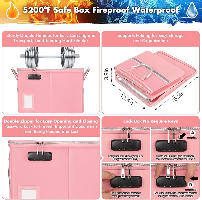 TOMKID 5200°F Fireproof Document Box, Fire Important Document Organizer with Lock, Upgraded Heat Insulated Filing Storage Cabinet Office Organization (5200°F Fireproof Box, Pink)-DeskLoop Office