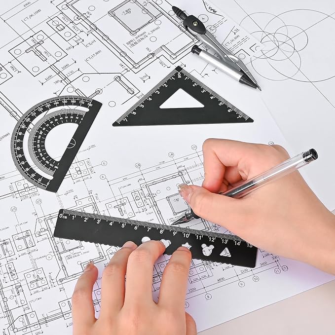 6 Pcs Metal Geometry Set, Math Geometry Kit, Metal Ruler Set and Compass Geometry Tool, Rulers Protractor and Compass Set for Student School and Drawings Supplies (Black)-DeskLoop Office