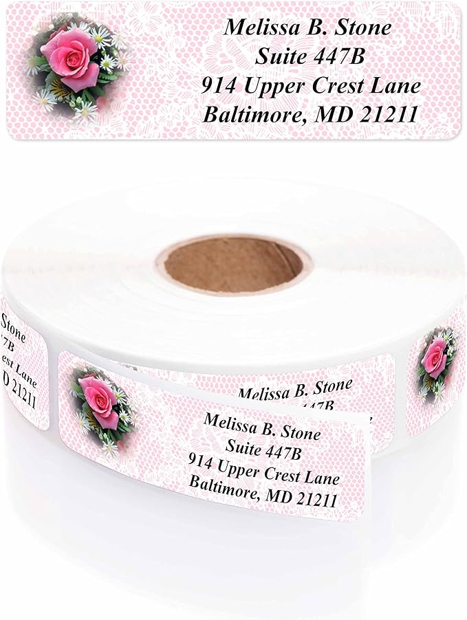 Romantic Rose Designer Rolled Address Labels with Elegant Plastic Dispenser-DeskLoop Office